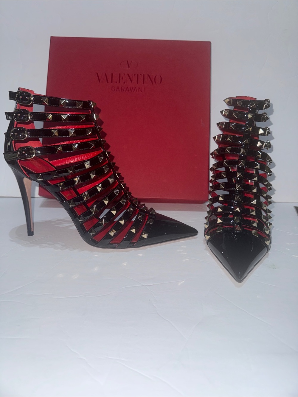 Valentino Garavani Black and Red Rockstud Cage Pointed Toe Stiletto Heels